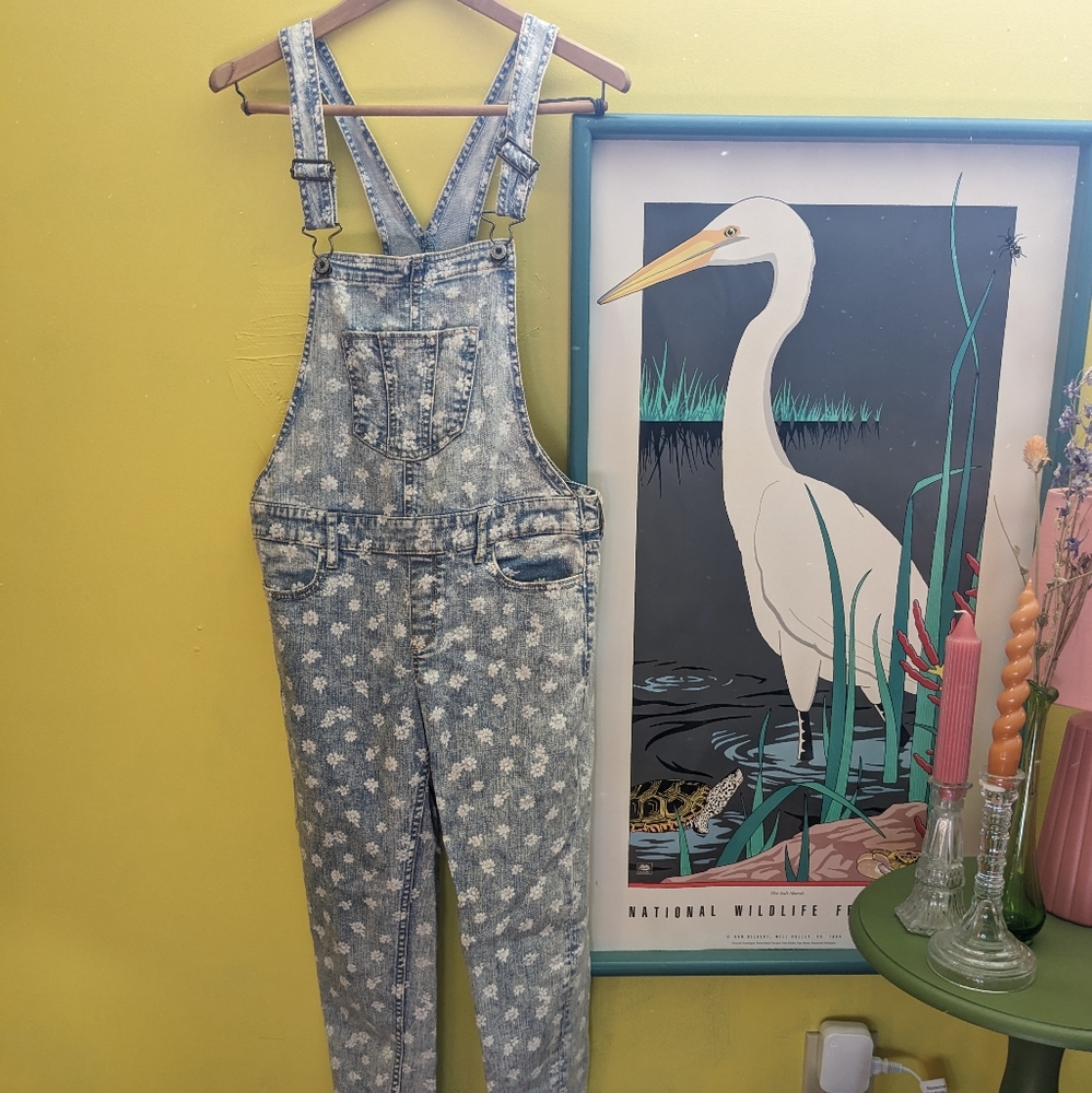 Flower print denim overalls
